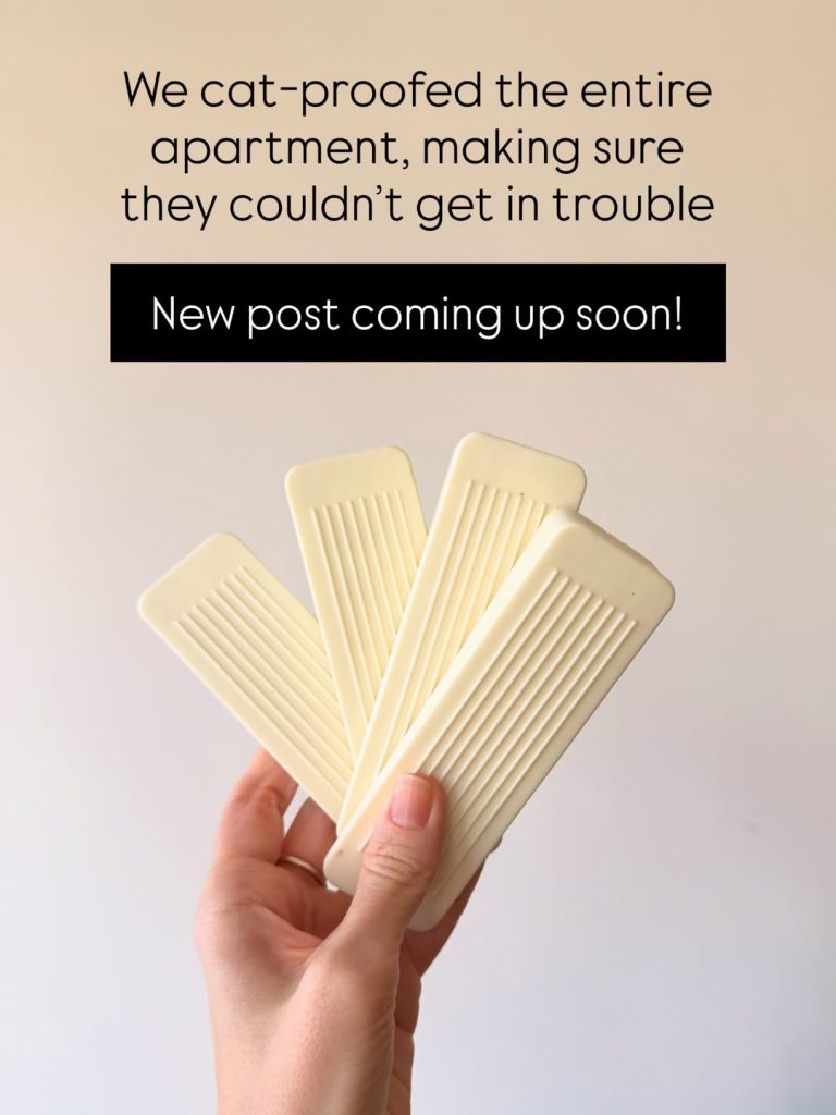 A close-up of a hand holding four white ribbed plastic child-safety or cat-proofing locks fanned out like cards against a plain wall. Text at the top reads: "We cat-proofed the entire apartment, making sure they couldn’t get in trouble" with a black text block below it that reads: "New post coming up soon!".