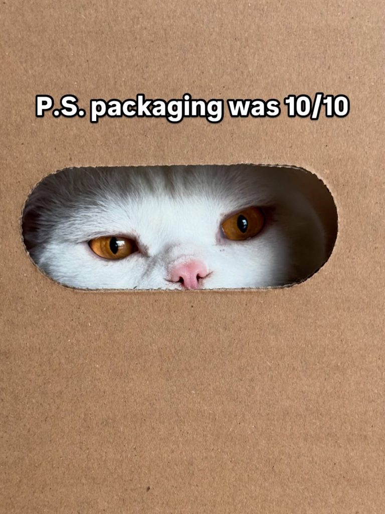 A white British Shorthair cat peeking through a handle slot of a cardboard IKEA delivery box.