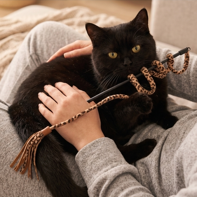 A black cat resting in someone's lap, holding a leopard-print toy wand in its mouth.