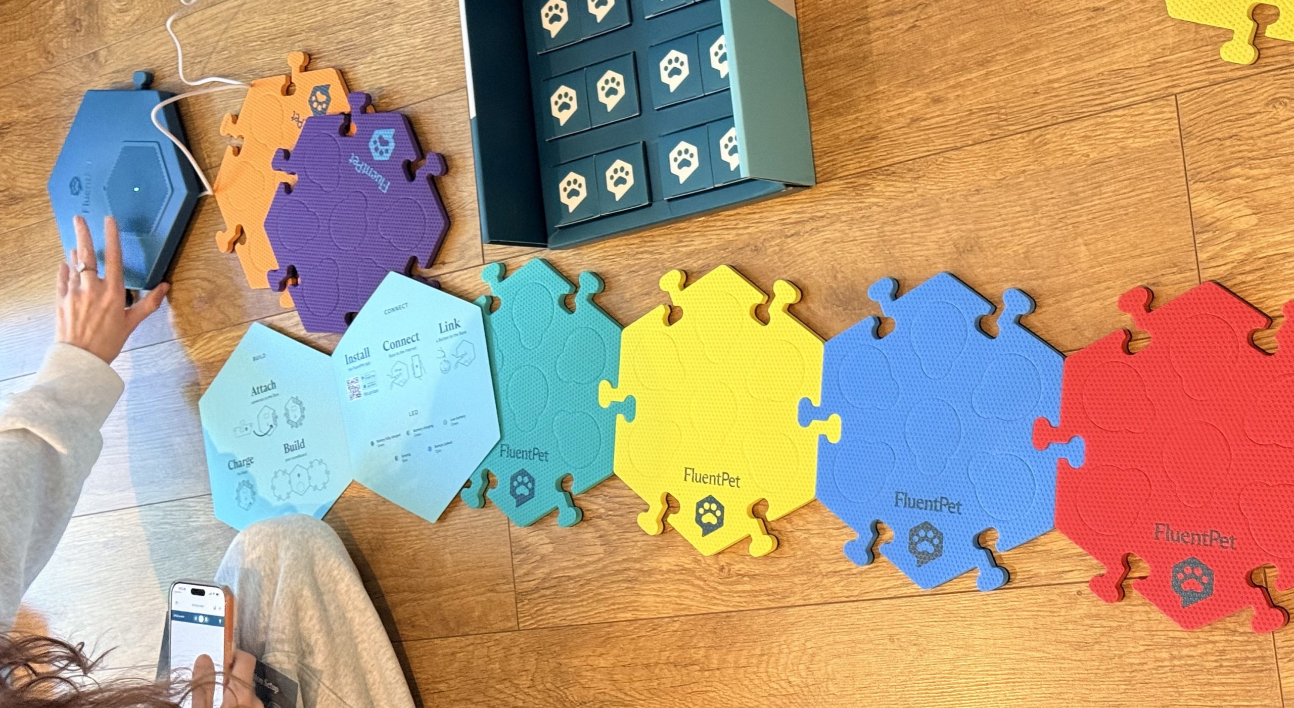 Lyle's full cat communication button setup on colourful tiles